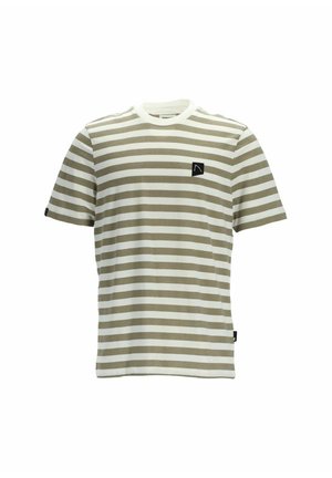 T-shirt a righe beige e bianche. Realizzata in tessuto morbido con colletto a girocollo. Presenta una piccola patch del logo nero sul lato sinistro del petto.