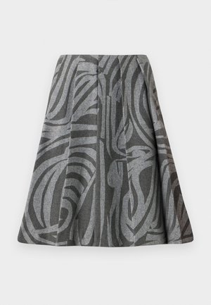 Gonna in lana grigia con motivi astratti neri. Design svasato, parte anteriore plissettata, lunghezza al ginocchio e texture morbida.