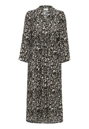 Schwarz-weiß gemustertes Kleid mit langen Ärmeln, einem V-Ausschnitt und einem verstellbaren Taillengürtel; leichtes Material mit fließender Silhouette.