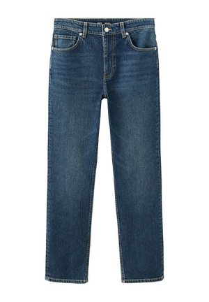 Vaqueros de denim azul oscuro de pierna recta con bolsillos delanteros, trabillas para cinturón y cierre de botón en la cintura.