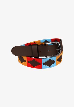 Brunt læderbælte med sølvspænde med flerfarvet stofindsats med geometriske former i rød, blå, orange og sort.