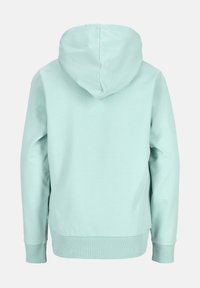 Hoodie verde menta in morbido cotone, con tasca a marsupio, polsini a costine e cappuccio con coulisse. Texture liscia e design semplice.