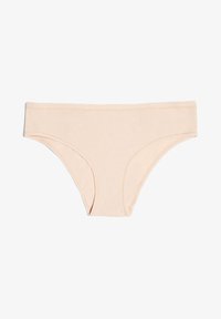 Beżowe bawełniane slipy o gładkiej fakturze, niskim kroju i elastycznym pasku w talii. Bez widocznych wzorów czy akcentów.