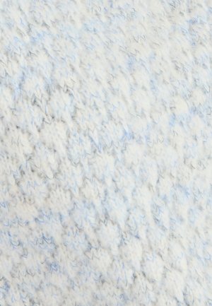Textured knit fabric in soft white with light blue flecks. Features a fuzzy, warm appearance with a wavy pattern.