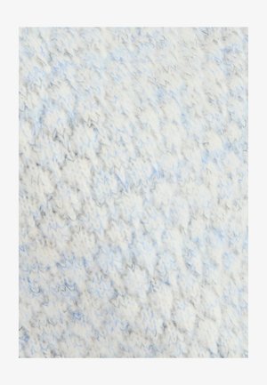 Textured knit fabric in soft white with light blue flecks. Features a fuzzy, warm appearance with a wavy pattern.