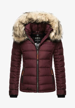 Burgundijas krāsas pūkainā jaka ar mākslīgo kažokādu kapuci, ar rāvējslēdzēju priekšpusē un elastīgiem aprocēm. Iezīmēts ar quilted rakstu un brūnu ādas akcentiem.