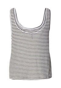 Canotta a righe bianco e nero con scollo a barca, in tessuto morbido, design senza maniche e vestibilità comoda. Righe orizzontali equamente distanziate.