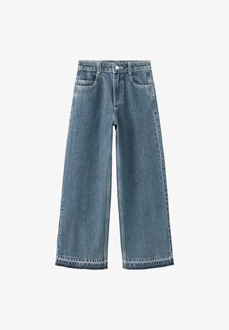 Jean en denim bleu à jambes larges avec cinq poches, fermeture par bouton, et détails subtils en perles à l'avant ainsi qu'ourlets effilochés.