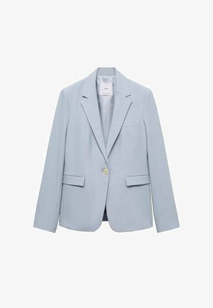 Light blue blazer made of textured fabric, featuring a single button, notch lapels, and two front pockets. Simple, tailored design.