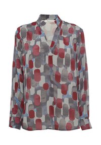 Blusa a maniche lunghe in tessuto leggero e trasparente con una base grigia e motivi ovali irregolari rossi e blu. Include un collarino a V e polsini con bottoni.