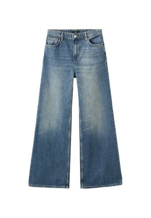 Blaue Jeans mit weitem Bein und verwaschenem Finish, mit Knopf- und Reißverschluss, fünf Taschen und rohen Kanten am Saum.