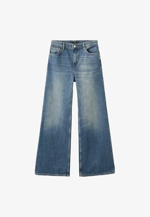 Blaue Jeans mit weitem Bein und verwaschenem Finish, mit Knopf- und Reißverschluss, fünf Taschen und rohen Kanten am Saum.