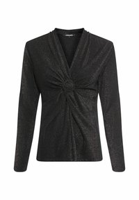 Zwart shirt met lange mouwen en een glinsterende textuur, met een gedraaide voorkant en een cirkelvormig accentdetail ter hoogte van de taille.