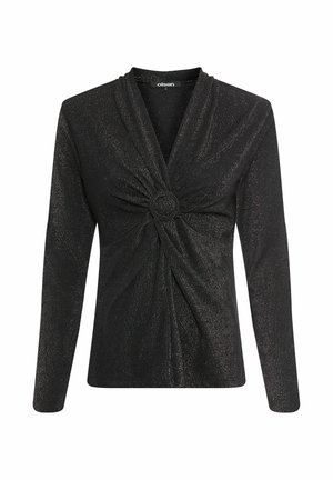 Zwart shirt met lange mouwen en een glinsterende textuur, met een gedraaide voorkant en een cirkelvormig accentdetail ter hoogte van de taille.
