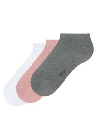 Trzy pary skarpetek do kostek w kolorze szarym, różowym i białym. Wykonane z gładkiego, elastycznego materiału. Każda skarpetka ma prążkowany mankiet i minimalne logo.