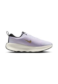 Light purple athletic shoe with a textured upper, black accents, and a white, ridged midsole. Features a logo in gold on the side.