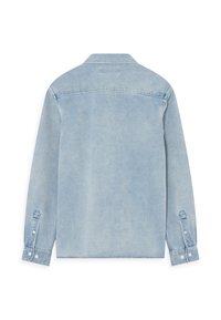 Lichtblauwe denim shirt met een button-down kraag, lange mouwen met geknoopte manchetten en een gladde textuur. Eenvoudig ontwerp aan de achterkant.