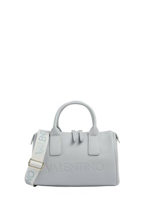 Gray leather handbag with dual handles, embossed logo on the front, and a detachable strap featuring the word "VALENTINO" in light blue.