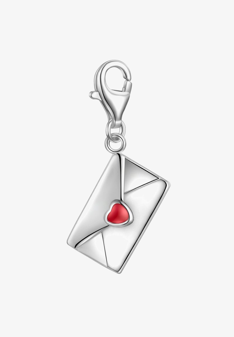 Silver charm shaped like an envelope with a red heart detail. Features smooth surface and a lobster clasp for attachment.
