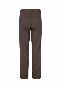 Pantaloni marroni con un design a gamba dritta. Presentano due tasche posteriori e una texture liscia. Vita sagomata con passanti per la cintura.