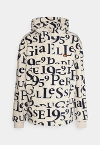 Fleece-Kapuzensweatshirt in Creme mit marineblauen Textmustern. Verfügt über einen halben Reißverschluss, eine Kapuze und eine Fronttasche. Der Text enthält verschiedene Zahlen und Buchstaben.