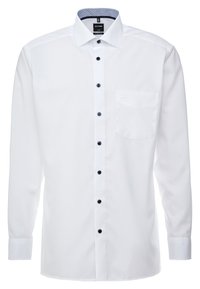 Weißes Longsleeve-Hemd mit spitzem Kragen, schwarzen Knöpfen und einer Brusttasche. Der Kragen hat ein gemustertes Innenfutter.