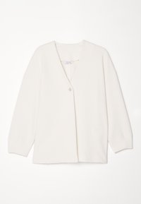 Vit kofta i mjukt material, med v-ringning, långa ärmar, en enkel knappstängning och en avslappnad passform.