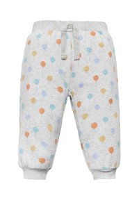 Pantalones de chándal de color gris claro con un patrón repetido de globos coloridos en azul, naranja y amarillo. Cintura elástica con cordón.
