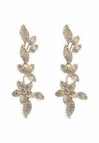 Zlatne naušnice s cvjetnim uzorkom koji uključuje oblike lišća i cvijeća, ukrašene besprijekornim rhinestones za dodatni sjaj.