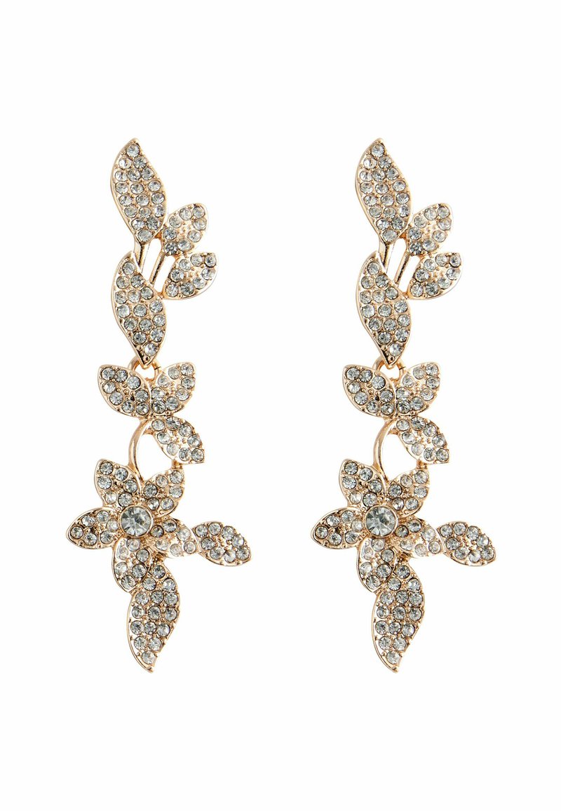Zlatne naušnice s cvjetnim uzorkom koji uključuje oblike lišća i cvijeća, ukrašene besprijekornim rhinestones za dodatni sjaj.