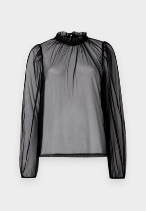Sort, gennemsigtig bluse med lange ærmer, høj flæsekrave og elastiske manchetter. Let, flydende stof med samlede detaljer ved skuldrene.
