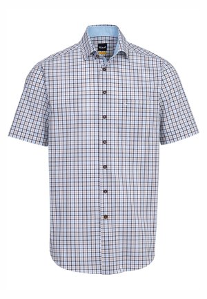 Camicia a maniche corte di colore azzurro chiaro con un motivo a scacchi marrone e blu navy. Presenta una chiusura con bottoni e una singola tasca sul petto.