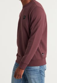 Sudadera burdeos con mangas largas, escote redondo y un pequeño parche de logo negro en el pecho. Tejido suave con un acabado texturizado.