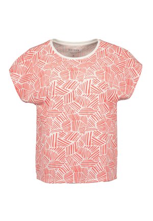 Kortærmet t-shirt i hvid med et rødt geometrisk mønster. Rund halsudskæring, afslappet pasform, blødt bomuldsstof.