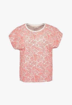 Koszulka z krótkim rękawem w białym kolorze z czerwonym geometrycznym wzorem. Okrągły dekolt, luźny fason, miękki materiał bawełniany.