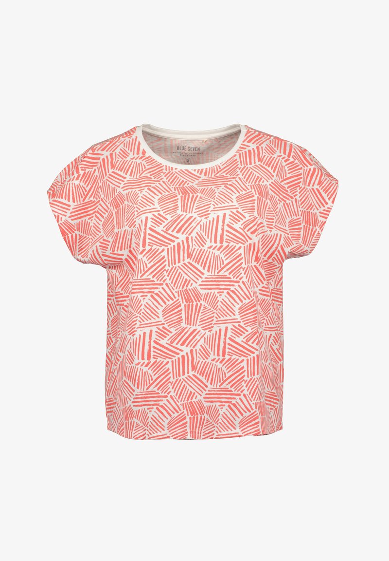 Koszulka z krótkim rękawem w białym kolorze z czerwonym geometrycznym wzorem. Okrągły dekolt, luźny fason, miękki materiał bawełniany.