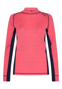 Langærmet top med højt halsudskæring i lys pink med marineblå sidepaneler og kontrastsytråd. Har et logo på skulderen. Blødt stof.