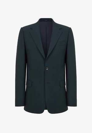 Ciemnozielona żakiet jednorzędowy z klapami, dwoma przednimi kieszeniami z klapami, kieszenią na piersi oraz dwiema widocznymi guzikami, wystawiony na białym tle.