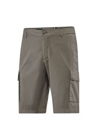 Khaki cargoshorts met een knoopsluiting, elastische tailleband, twee zijzakken en een geweven stof. De lengte reikt net boven de knie.
