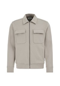 Helehall zip-up jakk kraega, kahe esiplaastritasku, soonikkoes mansettide ja tekstuurse kangamustriga.