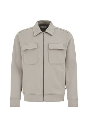 Lichtgrijs jack met rits en kraag, twee opgezette voorzakken, geribbelde manchetten en een gestructureerd stofontwerp.