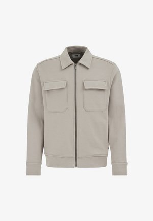 Svetlosivá bunda na zips s golierom, dvoma nášivkami vpredu, rebrovanými manžetami a textúrovaným vzorom látky.