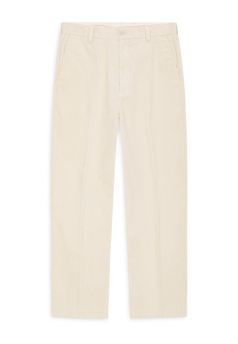 Beige corduroy broek met een rechte pasvorm, voorzien van zijzakken en een knoopsluiting, textuurstof met verticale ribbels.