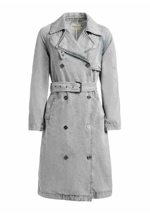 Hall hall denimist mantel laiade krae, topelt-nööbitav sulgemine, vööga talje ja küljetaskud, keskmise pikkusega disain.