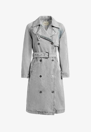 Hall hall denimist mantel laiade krae, topelt-nööbitav sulgemine, vööga talje ja küljetaskud, keskmise pikkusega disain.