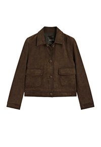 Brown suede jacket with a collared neckline, front button closure, and two large patch pockets, featuring long sleeves and a cropped design.