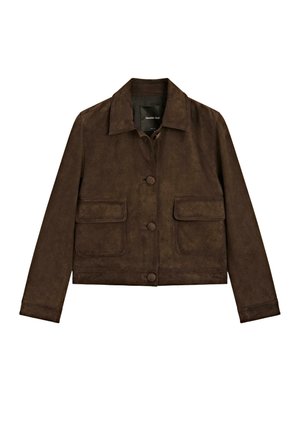 Brown suede jacket with a collared neckline, front button closure, and two large patch pockets, featuring long sleeves and a cropped design.