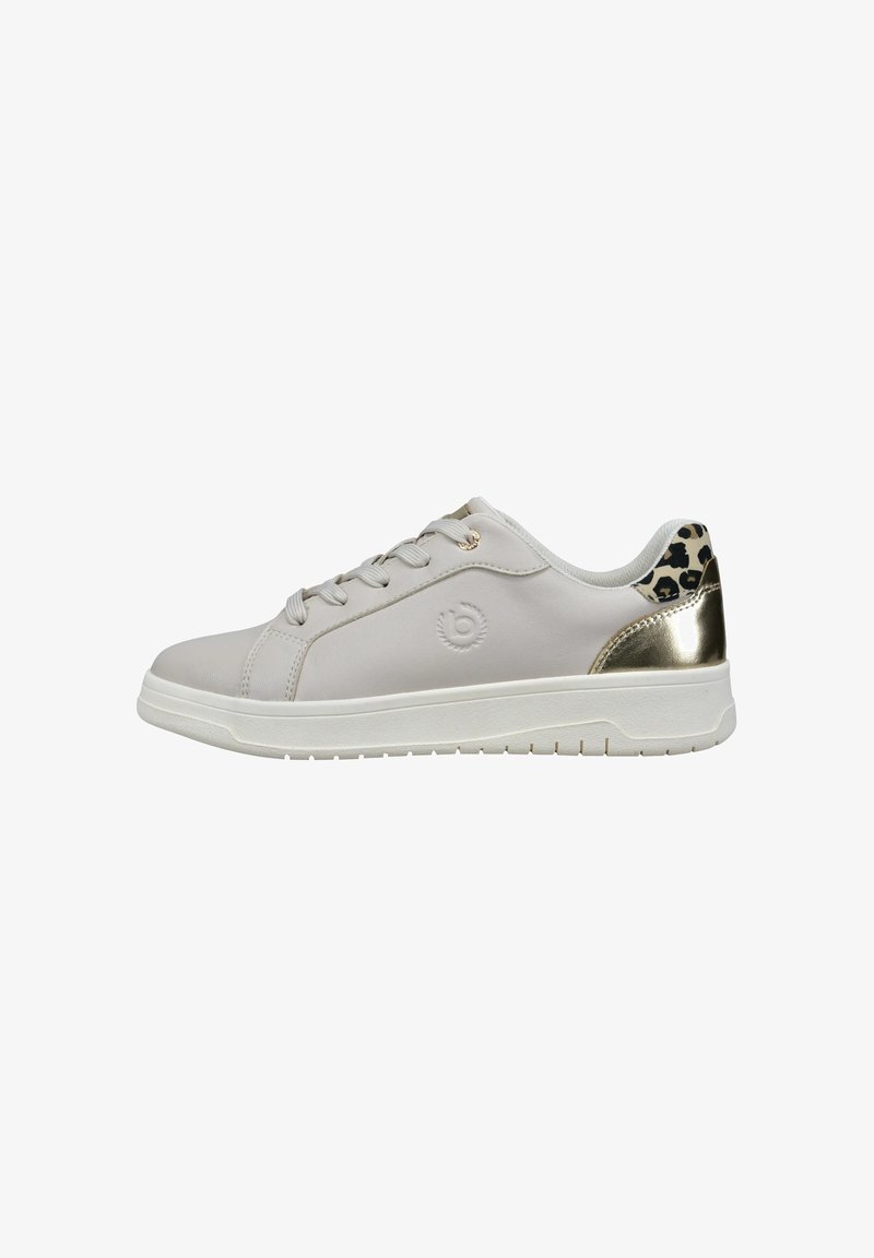 Helle graue Sneakers aus einem glatten Material mit einer weißen Sohle, die einen goldenen metallischen Akzent an der Ferse und ein Leopardenmuster-Detail aufweist.