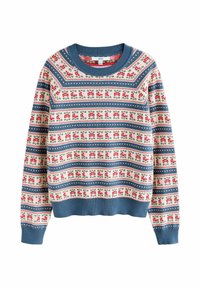 Crewneck sweater met blauwe geribbelde manchetten en zoom, met rode bloemen- en blauwe geometrische strepen op een crème achtergrond.