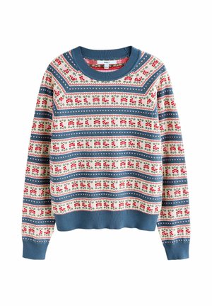 Maglione girocollo con polsi e orlo a costine blu, caratterizzato da strisce floreali rosse e geometriche blu su uno sfondo crema.